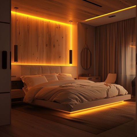 Neon Bedroom Ideas, Lighting Bedroom Ideas, Headboard Led Lights, Space Bedroom Decor, Elegant Color Schemes, Gray Interior Design, Compact Bedroom, Aesthetic Bedroom Design, Dramatic Bedroom