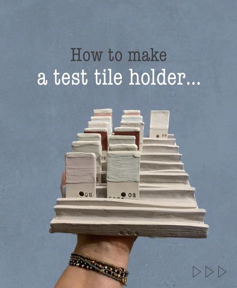 Trine Bentsen on Instagram: "••• how to make a test tile holder for your glaze firings 🔥 Follow 👉🏻 @keo.ceramics for more tips & tricks🫶🏻 If you want to see how your glazes move but you still want a flat test tile, then this might be the solution for you‼️♥️ I fire my test tiles this way so than I can still see how they would move on for instance a cup, but they are still flat so that I can hang them on a board in my studio 🤩 This is a great way to get an overview of all your glazes 😍" Ceramics Test Tiles, Ceramic Glaze Test Tiles, Pottery Glaze Test Tiles, Test Tiles Glaze, Glaze Test Tile Ideas, Pottery Test Tile Ideas, Ceramic Test Tiles Ideas, Glaze Test Tiles Display, Pottery Test Tiles