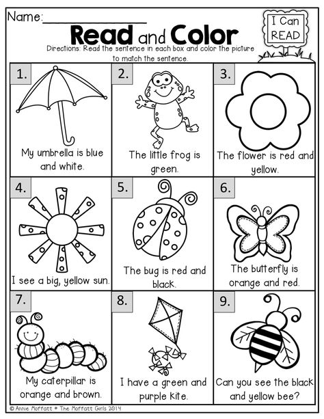 Read and Color!  Read the SIMPLE sentence and color correctly! Read And Color, Spring Math, Power Hour, First Grade Reading, English Activities, Reading Worksheets, Flowers And Butterflies, Color Worksheets, Kindergarten Literacy