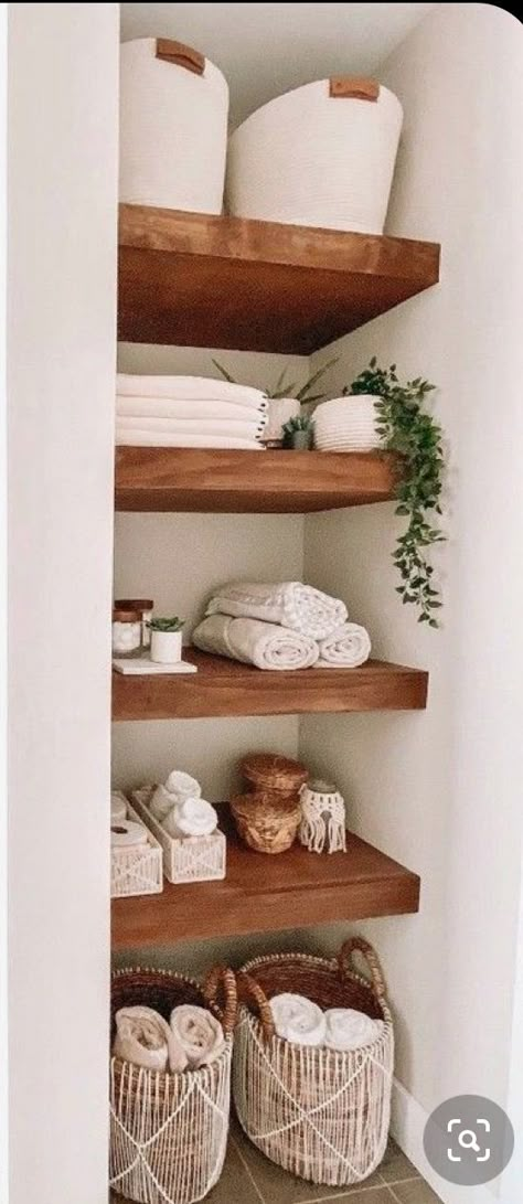 Open Bathroom Shelves Storage Ideas, Open Shelf Bathroom Storage Ideas, Boho Beach House Bathroom, Built In Shelf Over Toilet, Open Storage In Bathroom, Towel Shelf Ideas, Small Bathroom Built In Shelves, Boho Bathroom Storage Ideas, Open Shelf Linen Closet