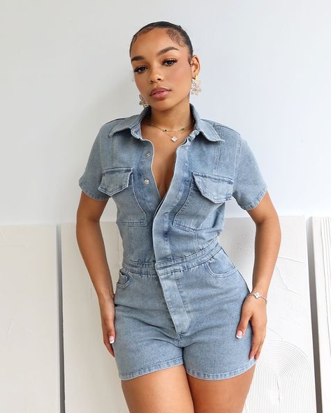 $59.99 ——> $47.99 (no code needed) “Same Page Collared Denim Romper” Shop our denim collection 🤍 Club Romper, Short Sleeve Jumpsuit, Stretch Denim Shorts, Scenery Nature, Denim Patterns, Short Sleeve Jumpsuits, Denim Romper, Jumpsuit With Sleeves, Denim Design