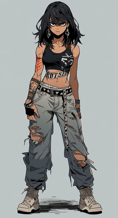 Apocalypse Outfit Women Drawing, Manga Inspired Outfits, Jacket Tied Around Waist Reference, Manga Art Styles Character Design, Grunge Outfit Drawing, 90s Character Design, Vigilante Character Design Female, Hair Design Drawing, Graffiti Artist Character