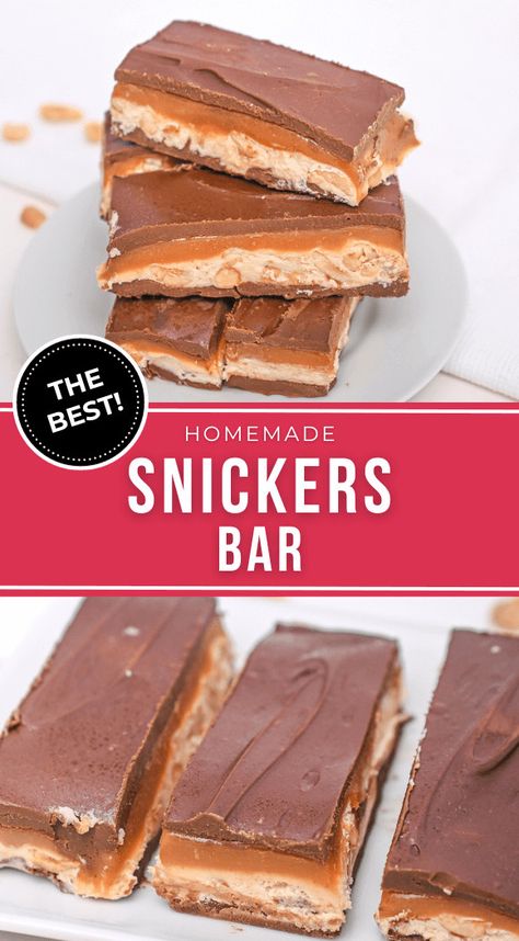 Skip a trip to the candy shop with our homemade Snickers bars. This delicious dessert tastes exactly like the candy bar, and will be an instant hit with your kids. Homemade Big Hunk Candy Bars, Candy Bar Bars, Diy Snickers Bar, Homemade Chocolate Candy Bars, Home Made Snickers Bars, 100 Grand Candy Bar Recipe, Snicker Bars Recipe, Take 5 Candy Bar Recipe, Snicker Candy