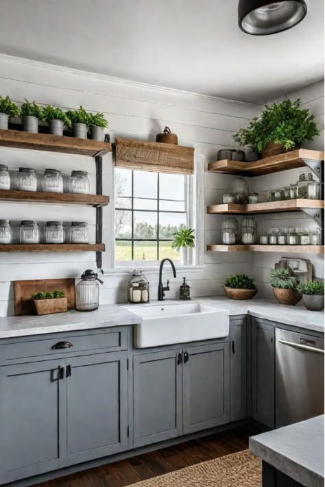 Eclectic farmhouse kitchen with mixed cabinet styles and barn door Kitchen Ideas With Shelves And Cabinets, Farmhouse Kitchen With Gray Cabinets, White Cabinet Farmhouse Kitchen, Farmhouse Kitchen With Painted Cabinets, Kitchen With Open Shelves And Cabinets, Open Upper Kitchen Cabinets, Kitchen No Top Cabinets, Navy Farmhouse Kitchen, Open Cabinet Kitchen