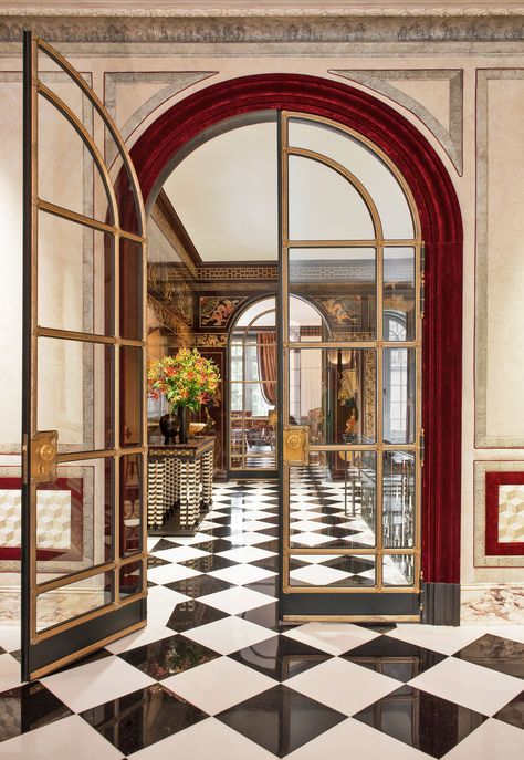 5 Attention-Grabbing Classic Interiors by JP Molyneux Studio Ltd. | Architectural Digest Art Deco Office Design, Olivetti Showroom, Checkered Floor, Art Deco Interior Design, Art Deco Home, Classic Decor, Interior Deco, Crown Molding, Classic Interior