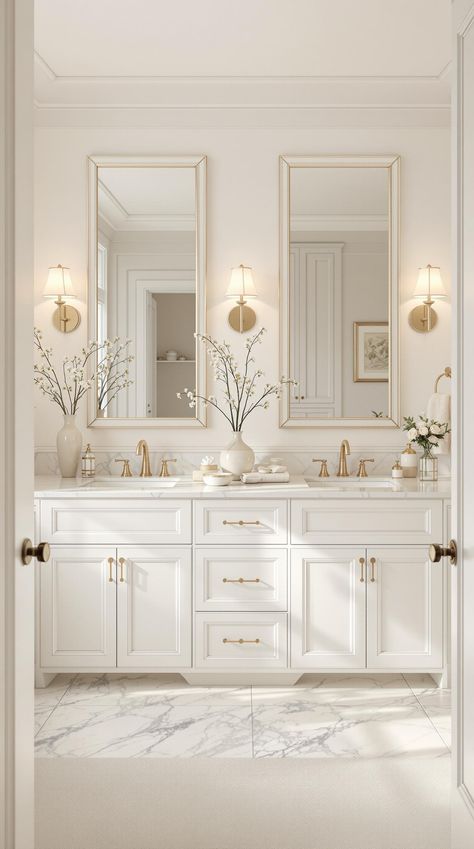 Neutral Bathroom Decor Classic Clean Bathroom Design, Bathroom Inspiration Gold Accents, White Bathroom Vanity With Wainscoting, Coastal Classic Bathroom, Interior Design Powder Room, Luxury Double Vanity Bathroom, Main Floor Powder Room, American Classic Bathroom Design, White And Cream Bathroom Tile