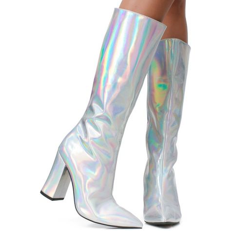 Current Mood Silver Hologram Go Go Boots ($88) ❤ liked on Polyvore featuring shoes, boots, holographic boots, wide heel shoes, silver chunky heel shoes, thick heel boots and chunky heel shoes Holo Clothes, Holographic Clothes, Holographic Outfit, Chrome Clothes, Hologram Shoes, Holographic Boots, Holographic Shoes, Holographic Heels, Leggings Shoes