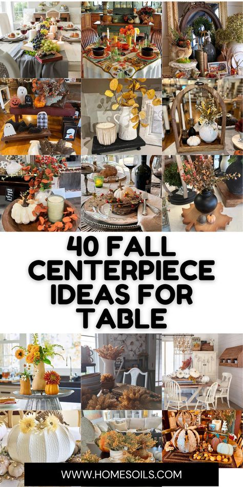 Explore 40 fall centerpiece ideas for your table, including elegant pumpkin arrangements, cozy candle displays, and vibrant autumnal florals. These designs add warmth and seasonal charm to your dining space. Get inspired to create the perfect fall table setting! Fall Centerpiece For Dining Table, Fall Centre Piece Ideas Diy, Fall Dining Table Centerpiece, Fall Table Decorations Centerpieces, Fall Kitchen Table Decor, Fall Dining Room Table Decor, Fall Kitchen Table, Pumpkin Table Centerpiece, Autumn Centerpieces