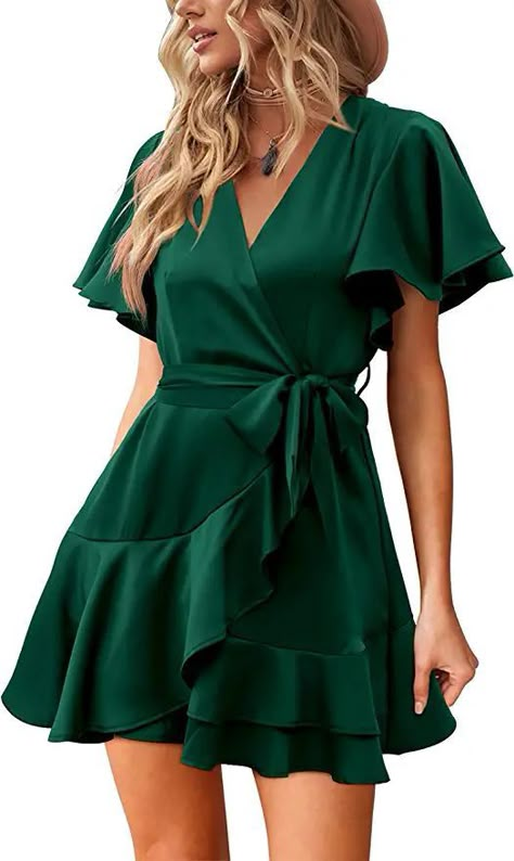 Satin Dress Green, Wrap Dress Formal, Sleeve Wedding Guest Dress, Womens Casual Dresses, Neck Wrap Dress, Chiffon Wrap Dress, Summer Dress Short, Casual Party Dress, Cocktail Summer