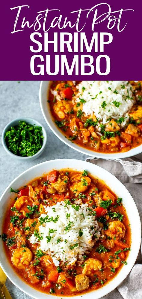 This Instant Pot Gumbo with sausage and shrimp is made with Cajun spices in a rich tomato and bell pepper based broth, served with rice. Instant Pot Seafood Gumbo, Shrimp Gumbo Instant Pot, Instant Pot Gumbo Shrimp And Sausage, Instant Pot Shrimp Creole, Shrimp Rice Instant Pot Recipes, Instant Pot Recipes Shrimp, Shrimp Instant Pot Recipes, Instant Pot Gumbo Recipe, Instant Pot Gumbo