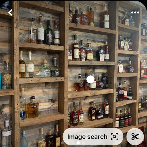 Small Bar Display, Floating Shelves For Liquor Bottles, Shelving For Liquor Bottles, Small Rustic Bar Ideas, Wine Cellar Shelving, Liquor Bottle Shelf Display Diy, Bar For Basement Ideas, Wall Bar Shelves, Basement Bar Liquor Display