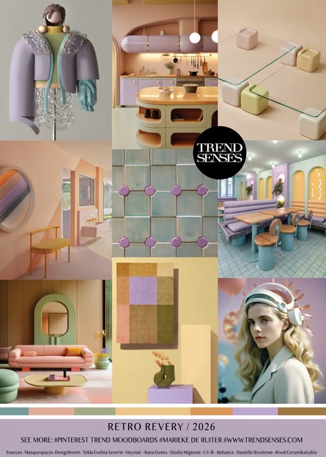 RETRO REVERY // 2026 – Trendsenses -  #trend - #trending - #moodboard #2026 #forecasting - #mariekederuiter - 2026 - Sources: Masquespacio- Designboom – Tekla Evelina Severin – Heymat – Rana Gunes – Studio Mignone – UV-朱 – Behance – Danielle Brustman – Riwal Ceramikaiszklo – 2026 Trend Forecast, Summer 2025 Trends Fashion, 2025 Trend Forecast, Ss26 Trends, Trend Senses, 2026 Trends, Product Development Design, Pantone Trends, Pastel Trends