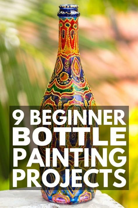 Painting Bottles And Jars, Wine Bottle Glass Painting, Diy Painted Jars Glass Bottles, Wine Bottle Uses Ideas, What To Make With Wine Bottles, How To Paint Bottles With Acrylic, Glass Painting Ideas On Bottles, Painting Bottles Acrylic, How To Paint Bottles Diy