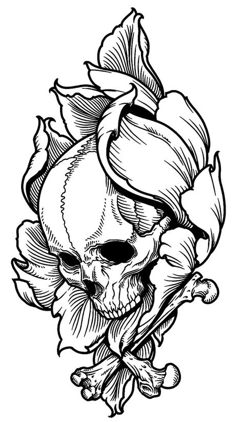 Detailed Skull Drawing, Big Line Work Tattoo, Creepy Tattoo Stencil, Goth Tattoo Designs Drawings, Dragon And Rose Tattoo, Roses Tattoo Stencil, 3 Roses Tattoo, Rose Tattoo Stencil, Woodcut Tattoo