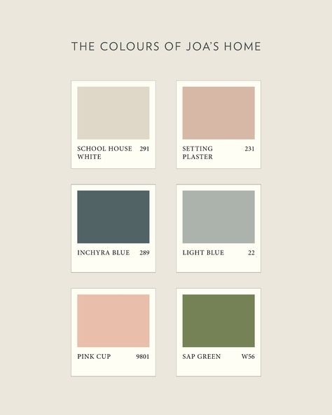 Farrow & Ball | The home of our Colour Curator, @joastudholme, boasts an eclectic palette of pinks, blues, greens and of course #SchoolHouseWhite which Joa… | Instagram Calming Home, Colours That Go Together, Farrow And Ball Paint, Pink Palette, Color Palette Pink, Paint Companies, Green Colour Palette, Farrow And Ball, House Inside