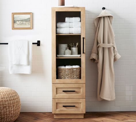 Miller Storage Cabinet | Pottery Barn Freestanding Linen Cabinet Bathroom, Small Wood Bathroom Cabinet, Storage Cabinet In Bathroom, Bathroom Linen Cabinet Freestanding, Free Standing Linen Cabinet In Bathroom, Bathroom Storage Ideas Cabinet, Bathroom Towel Cabinet, Bath Storage Ideas, Bathroom Storage And Decor