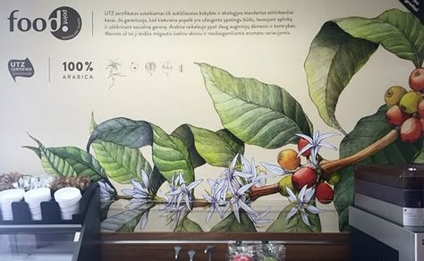 Coffee Plant on Behance Plant Mural Wall, Vintage Cafe Design, Plant Mural, Beer Painting, Mural Cafe, Coffee Process, Botanical Drawing, Coffee Tree, Month Of April