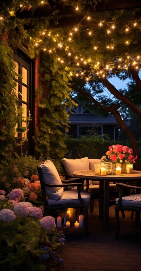 Portico Decor, Garden Illumination, Porch At Night, Backyard Deck Ideas, French Cottage Garden, Dinner Setup, Creative Backyard, Garden Dinner, Outdoor Lighting Design