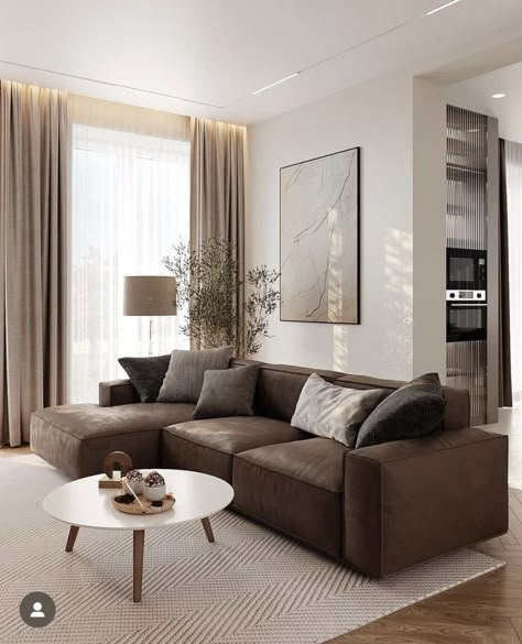 Brown Sofa Living, Small Living Room Brown Sofa, Brown Couch Small Living Room Ideas, Living Room Brown Sofa Color Schemes, Living Room Chocolate Brown Couch, White Walls Brown Couch, Dark Wood Aesthetic Living Room, Brown Couch Curtain Ideas, Brown Sofa Aesthetic