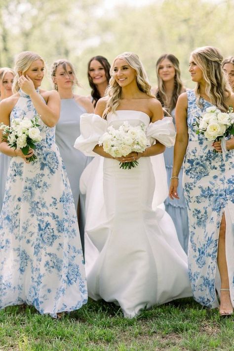 Blue Floral Bridesmaids, Pale Blue Bridesmaid Dresses, Cornflower Blue Wedding, Garden Party Blue, Mismatched Bridesmaid Dresses Blue, Floral Bridesmaids, Printed Bridesmaid Dresses, Trendy Bridesmaids, Floral Bridesmaid Dresses