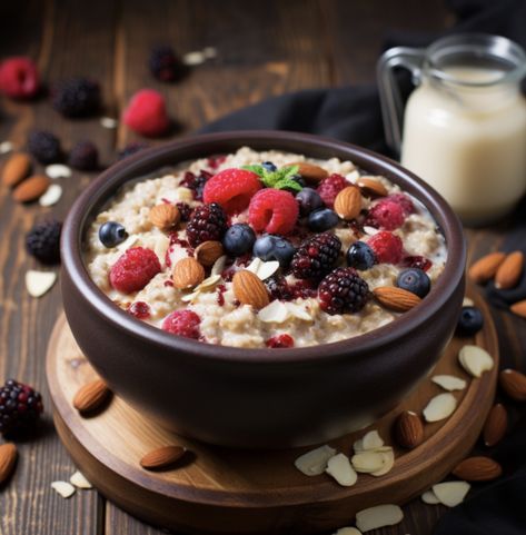 Oatmeal with Berries and Nuts Oatmeal With Nuts And Fruit, Oatmeal Photography, Oatmeal With Berries, Oats With Milk, Oatmeal With Almond Milk, Berry Oatmeal, Oatmeal With Fruit, Assorted Nuts, Wellness Plan