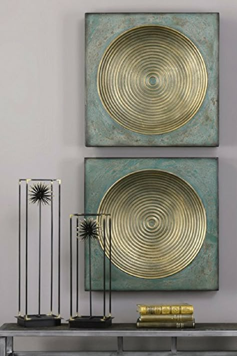 Beautiful distressed turquoise and gold vintage industrial wall art.  Perfect for those who love industrial geometric inspired art.   Great for many different types of homes from shabby chic, Hollywood, retro and modern home decor themes.     #industrial #wall #decor #interior #design #geometric #retro #glam #shabby #chic Different Types Of Homes, Home Decor Themes, Wall Decor Interior Design, Industrial Wall Art, Industrial Wall Decor, Geometric Inspiration, Soyut Sanat Tabloları, Turquoise And Gold, Tableau Design