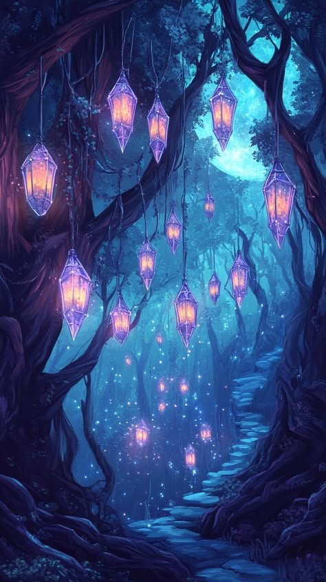 A mystical forest of glowing crystal trees, where ethereal creatures dance in moonlight, surrounded by shimmering, floating lanterns that whisper secrets of the night. Crystal Forest Fantasy Art, Crystal Forest Art, Tree With Lanterns, Mystical Forest Aesthetic, Lanterns In The Sky, Lantern Pictures, Lantern At Night, Enchanted Forest Aesthetic, Surreal Forest