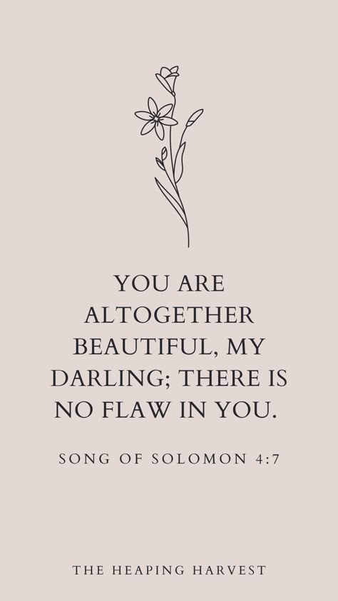 You are altogether beautiful, my darling; there is no flaw in you... Song of Solomon 4:7! Christian Encouragment, Christian Quotes and Sayings, Bible Verses, Christian Short Quotes, Aesthetic Quotes, Womens Christian Quotes, Christian Words. #christiangrowth #quotes #christian #bible #women #theheapingharvest Christian Short Quotes, Short Quotes Aesthetic, Song Of Solomon 4 7, Solomon 4 7, Inspiring Aesthetic, Cute Bible Verses, Bible Verse Tattoos, Short Bible Verses, Christian Words