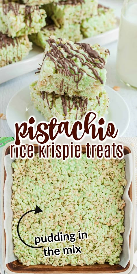 Made with pudding mix and drizzled with dark chocolate, these are not your everyday Rice Krispie Treats! Try this pistachio dessert that puts a new twist on your childhood favorite. Rice Crispy Treat Flavors, Pistachio Rice Krispie Treats, Pudding Rice Krispie Treats, Different Rice Krispie Treats, Crunch Bars Recipe Rice Krispies, Unique Rice Krispie Treats, Flavored Rice Krispie Treats, Rice Krispies With Chocolate, Gourmet Rice Krispie Treats