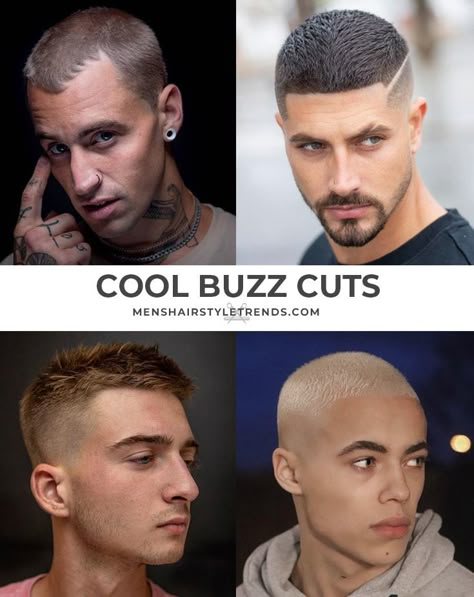 Once a military haircut, these fresh buzz cuts would not pass inspection. Try a jagged edge to add contrast to short hair all over. The buzz cut-line up-fade is a classic and stylish cut. Add a shaved line and a touch to texture on top to make the look your own.  A fade adds a polished finish to any haircut, especially a short buzz. Take it to then next level by wearing hair a little longer on top and styled messy. Last but not least, hair color for men transforms any cut, whether it is platinum Buzzcut With Line, Buzz Cuts Men, New Haircuts For Boys, Platinum Hair Color, Waves Haircut, Military Haircut, Guy Haircuts Long, White Hair Color