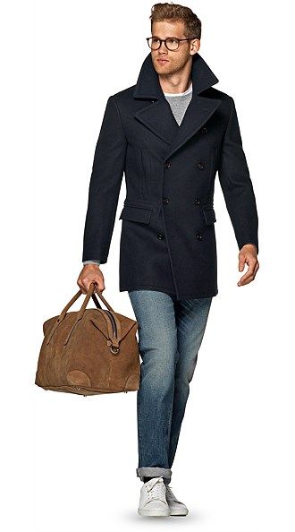 Navy Double Breasted Coat Peacoat Outfit Men, Double Breasted Overcoat, Mens Wool Coats, Mens Overcoat, Smart Casual Wear, New Mens Fashion, Wool Overcoat, Men's Casual Style, Men Style Tips