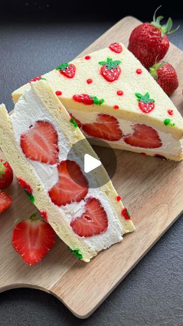 Winnie Wai-Ling Lee on Instagram: "Strawberry cake sandwich aka Japanese fruit Sandos 🍓🍓🍓 . . Do you have a hard time rolling up a cake roll? Why not use this method and cut into squares to make strawberry cake sandwiches . A great picnic snack with matching strawberry pattern 🥰 . . My full cake roll recipe can be found on my blog. Link in bio. Perfect recipe to make your Fruit Sandos with ❤️ . . Alternatively you can COMMENT - ‘cakeroll’ i will dm you the recipe link.  . . #cakeroll #strawberry #homemade #cakeideas #cake #cakedecorating #swissroll #treats #tartlets #recipe #tutorial #love #food #bakingvideo #bakers #foodlover #easydessert #pastry #tasty #dessert #video #inspiration #instagood #reels #reelsinstagram" Birthday Cake Strawberry Decoration, Strawberry Aesthetics, Strawberries Aesthetic, Cake Sandwiches, Strawberry Cake Decorations, Japanese Fruit, Strawberry Roll Cake, Fruit Birthday Cake, Boba Shop