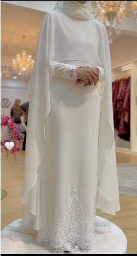 Cape Wedding Dress Hijab, Abaya For Nikah, Muslim Wedding Dress Hijab Bride Simple, Modest Nikkah Dress, Simple Engagement Dress Hijab, Nikkah Dress Simple, Muslimah Dress Wedding, White Abaya Wedding, Modest Wedding Dresses Hijab