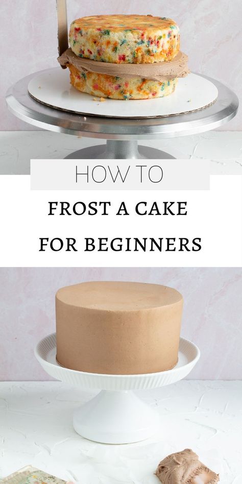 This pin covers how to frost a cake for beginners. We talk leveling, stacking, filling, crumb coating, as well as getting smooth sides and clean edges! Cake For Beginners, Cake Frosting Tips, Frost A Cake, Cake Step By Step, Birthday Cake Decorating Ideas, How To Stack Cakes, Cake Decorating For Beginners, Smooth Cake, Cake Decorating Frosting