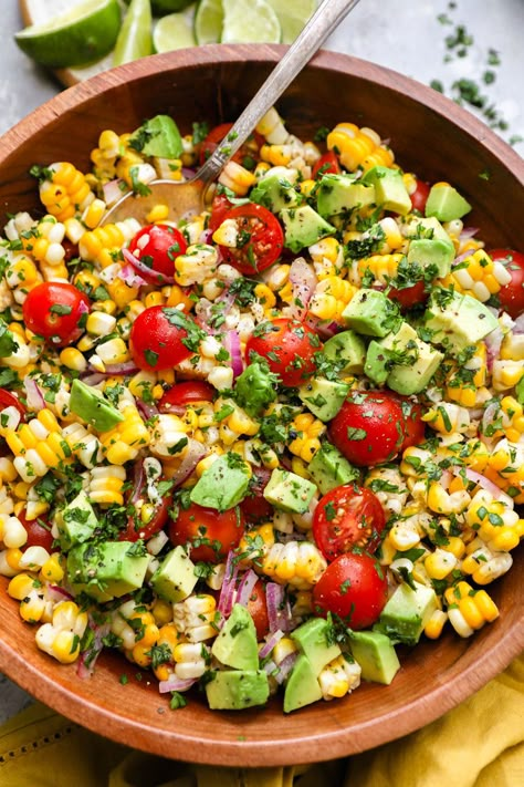 Summer Corn Salad with Avocado - Kalefornia Kravings Salad Corn Avocado, Summer Birthday Recipes, Summer Corn Salad Recipe Side Dishes, Vegan Corn Salad Recipe, Mexican Food Salad, Corn Avocado Salad Recipe, Summer Avocado Salad, Summer Veggie Salad Recipes, Salad With Tacos