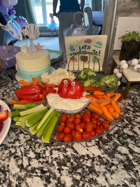 Under the sea birthday party theme veggie tray with crab Under The Sea Theme, Veggie Tray, Sea Theme, Under The Sea, Crab, The Sea, Tray, Baby Shower, Shower