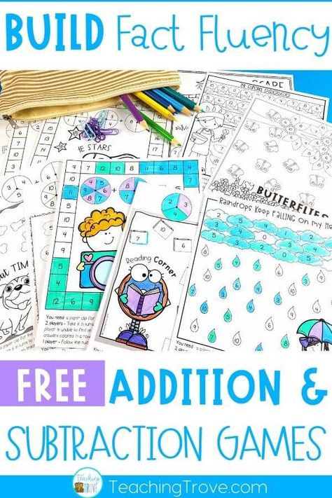 12 Fun Ways to Practice Fact Fluency 1st Grade Addition And Subtraction Worksheets, Related Math Facts First Grade, Printable Math Games 1st Grade, Addition Math Games First Grade, Addition And Subtraction Activities 1st, Subtraction Fluency Games, Math Games 2nd Grade Free, Math Games Second Grade Free Printable, Math Facts Practice First Grade