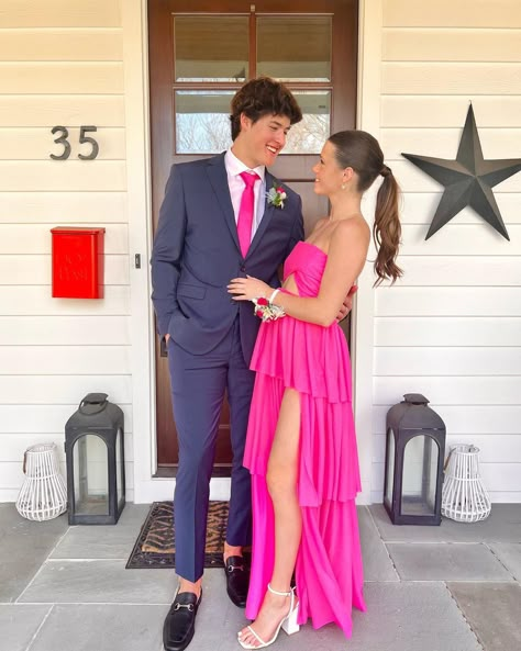 Hot Pink Prom Look, Pink Prom With Date, Pink Prom Dress And Date, Pink Prom Pictures, Prom Date Pics, Hot Pink Prom Couple, Pink Prom Dress Couple, Prom With Date, Hot Pink Prom Dress Couple