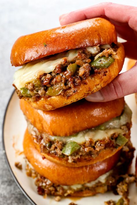 Philly Cheesesteak Sloppy Joes + VIDEO! (How to Make Ahead/Freeze) Cheesesteak Recipes, Cheesesteak Sloppy Joes, Philly Cheesesteak Sloppy Joes, Cheesesteak Sandwich, Sandwich Wrap, Joe Recipe, Cheese Steak Sandwich, Carlsbad Cravings, Sloppy Joes Recipe