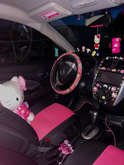 Hello kitty Hello Kitty Car Inside, Hello Kitty Car Interior Aesthetic, Cars Inside Decorations, Hello Kitty Car Decorations, Car Decorations Interior Y2k, Toyota Interior Aesthetic, Hello Kitty Steering Wheel Cover, Mcbling Car Interior, Kuromi Car Interior