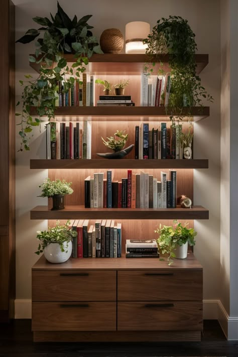 Showcase your favorite reads on elegant lighted wooden shelves. Enhance the design with potted plants and organic-inspired elements for a harmonious, artistic space. #BookshelfGoals #IlluminatedShelves #HomeLibraryInspo #WoodenShelves #NatureInspiredDecor #BookLoversHaven #GreeneryAndBooks #StylishStorage #HomeDesignIdeas #CozyReadingSpace Plants And Shelves, Bookcase And Plants, Plant Shelf Aesthetic, Book Shelves With Plants, Bookcase With Plants, Shelf Decor Ideas Aesthetic, Bookshelf Lighting Ideas Built Ins, Plant And Book Shelves, Minimalism Bookshelf