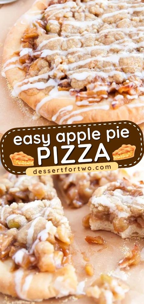 Don't miss out on this apple pie pizza recipe! It's an easy Thanksgiving dessert. Topped with a sugar crumble and glaze, this mini dessert pizza is a fun and delicious Thanksgiving sweet treat! Desert Pizza Recipes, Dessert Pizza Recipe Easy, Apple Dessert Pizza Recipe, Simple Fall Recipe, Apple Pie Pizza, Apple Dessert Pizza, Sauteed Apples, Easy Thanksgiving Dessert, Dessert Pizzas