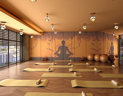 Yoga Hall, USA. on Behance Yoga Hall, Yoga Studio Interior, Sala Yoga, Meditation Room Design, Yoga Room Design, Home Yoga Room, Yoga Place, Yoga Meditation Room, Yoga Room Decor