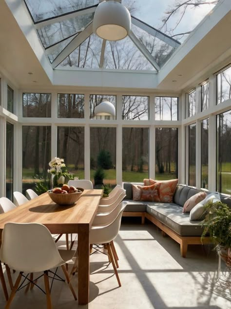 10 Sunroom Dining Room Ideas: Lighting, Decor, and Layout Tips - Homezillo Sunroom Dining Ideas, Conservatory As Dining Room, Dining Room Conservatory Ideas, Sunroom Dining And Living Room, Large Window Dining Room, Conservatory Dining Table, Small Conservatory Dining Room, Sunroom Dining Table, Long Sunroom