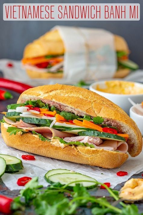 If you haven’t tried Vietnamese Sandwich Banh mi yet then here is your chance. French-style baguette is packed with fresh and pickled vegetables, cilantro and cold cuts of your choice. #happyfoodstube #vietnamese #sandwich #banhmi #food #recipe #streetfood via @happyfoodstube Vietnamese Sandwich Banh Mi, Vietnamese Sandwich, Sub Sandwich, Cold Lunches, Cold Cuts, Pickled Vegetables, Sandwiches And Wraps, Banh Mi, Vietnamese Food