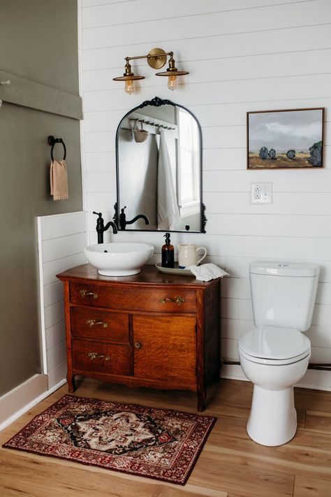 Vintage dresser turned vanity in bathroom after renovation. Dresser Vanity Bathroom, Vintage Bathroom Vanity, Antique Bathroom Vanity, Diy Bathroom Vanity, House Vibes, Dresser Vanity, Cottage Bathroom, Ideal Bathrooms, Downstairs Bathroom