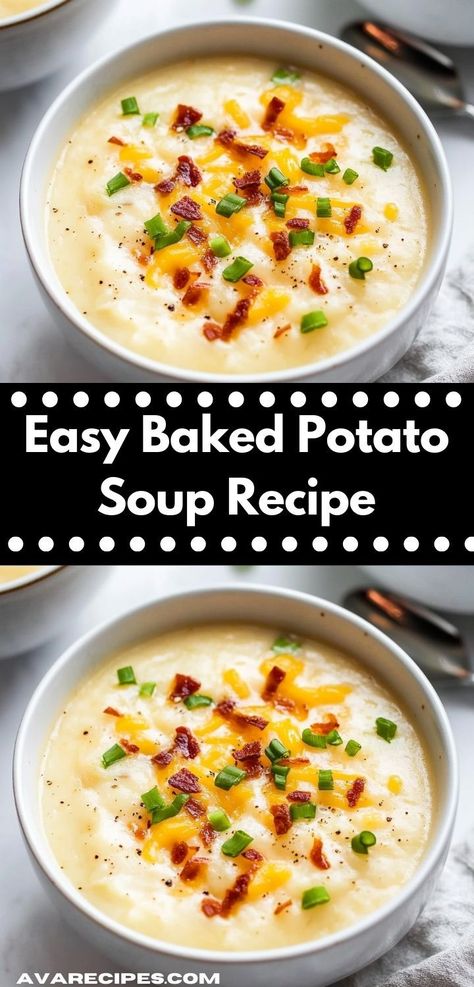 Looking for a comforting meal on a chilly night? This Easy Baked Potato Soup Recipe is bursting with flavor and creamy goodness. It's a simple dish that the entire family will love. Easy Baked Potato Soup Recipe, Easy Baked Potato Soup, Baked Potato Soup Easy, Loaded Baked Potato Soup Recipe, Easy Baked Potato, Baked Potato Soup Recipe, Potato Bacon Soup, Potato Soup Easy, Loaded Potato Soup