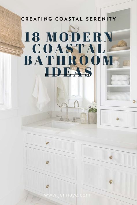 Coastal Bathroom Cabinets, Small Coastal Bathroom Vanity, Coastal Washroom, Coastal Style Bathroom Ideas, Coastal Bathroom Remodel Ideas, Bathroom Coastal Modern, Bathroom Ideas With Brushed Nickel Fixtures, Coastal Style Bathrooms, Beach Master Bath Ideas