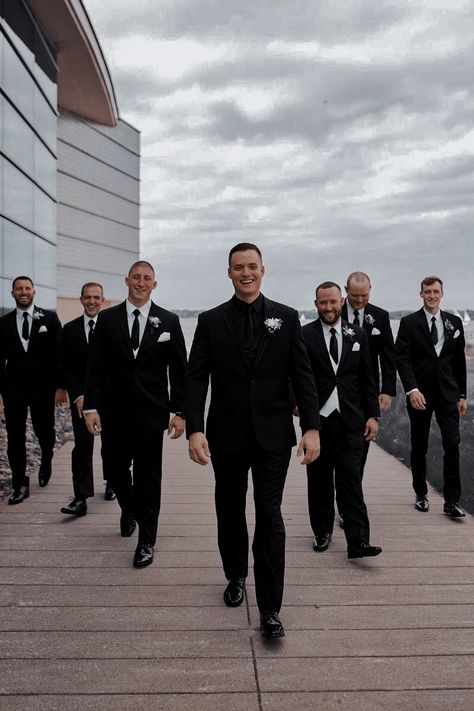 Wedding Party Tuxedo, Black Suit Groomsmen Bridal Parties, Black Suits For Men Wedding Classy, Black Bridal Party Attire, Groomsmen Attire Black, All Black Tux, Wedding Groomsmen Attire, Black And White Wedding Theme, Wedding Tux