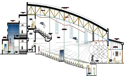 Elevation design of auditorium dwg file Auditorium Design Exterior Architecture, Auditorium Design Exterior, Theatre Elevation, Auditorium Elevation, Auditorium Plan, Auditorium Architecture, Church Building Design, Auditorium Design, Front Elevation Design